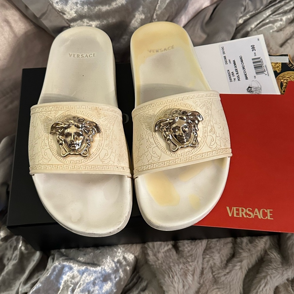 Versace Ivory Slides with Gold Medusa Emblem